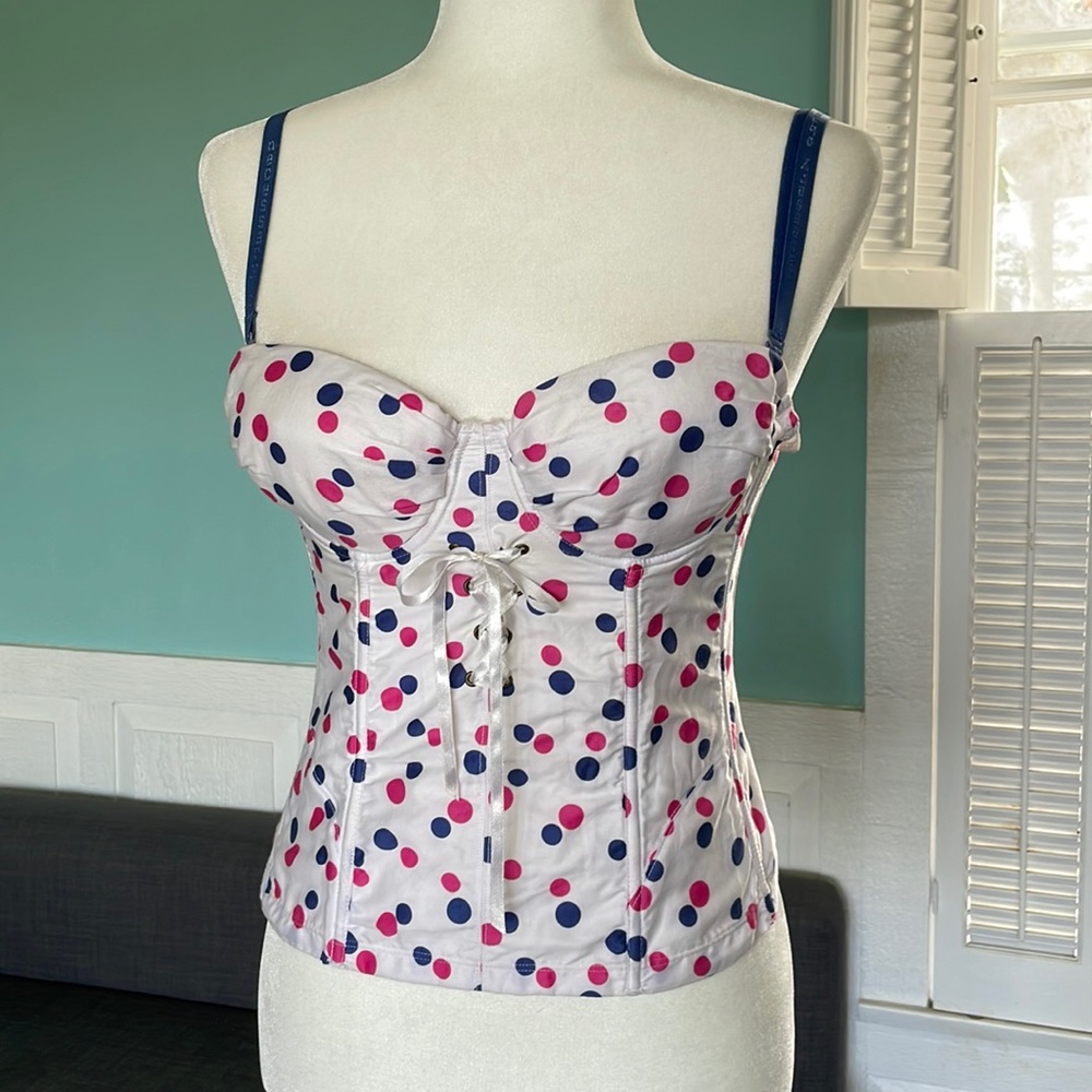 Vintage Y2K Barbiecore Necessary Objects Pink Blue Polka Dot Bustier Cor…